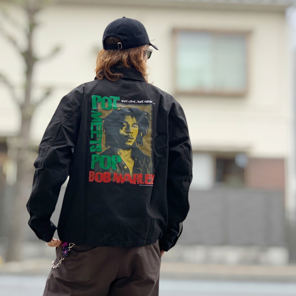 ポットミーツポップ POT MEETS POP ワークジャケット Bob Marley ONE LOVE SOUVENIER JACKET ボブマーリー ブラック 黒 BLACK 2509-U003