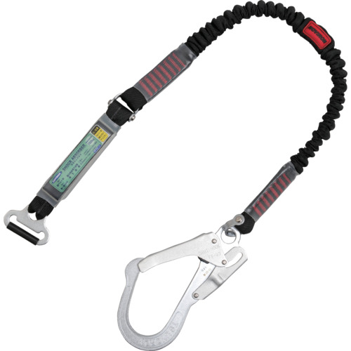 TSUYORON 胴ベルト型墜落制止用器具用副ランヤード(伸縮タイプ)ノビロン(BK)ショックアブソーバ+連結環FL-51・フックFS-93-1 D環止めなし TBL-AT-NV-S5931-BK-N-JAN-BP