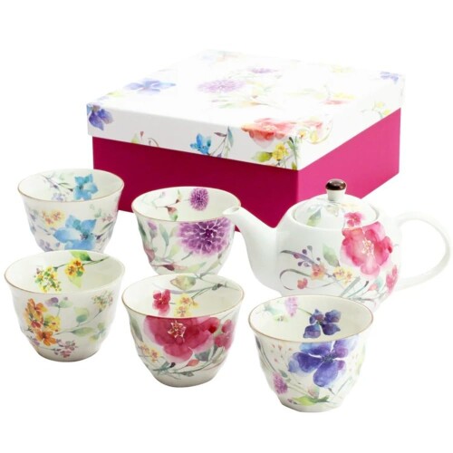 セラミック藍 花水彩 5客ポット茶器 マルチカラー サイズ：約W26 D23 H10 01823