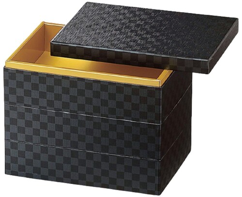 J-kitchens 重箱 3段 7寸 長角 紙 重ブラック市松 20.5cm x 14.5cm x 16.8cm 日本製