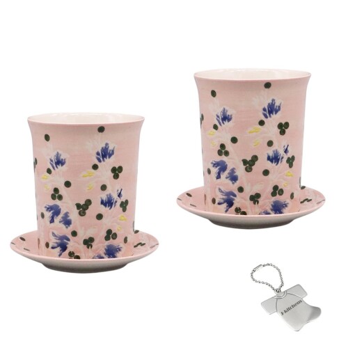 J-kitchens Select 2個入 セット 花瓶 陶器 植木鉢 受け皿付き 小花 東欧風 プランター B Φ8.5xH10cm ピンク （オリジナルタグ１個付）No2387