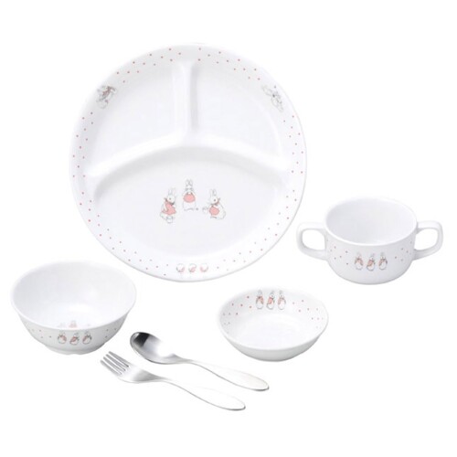 OGISO(おぎそ) ピーターラビット ドットガールズ 強化磁器食器4点&スプーンフォークセット (食洗機・レンジ対応)