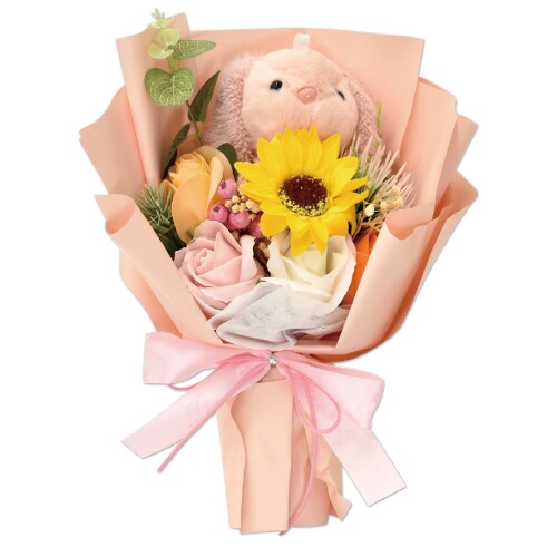 ポピー名古屋 ソープフラワー シャボンフラワー 造花 ギフト プレゼント ぬいぐるみ バラ 花束 約27cm クリアケース付き SBL-217 ピンク