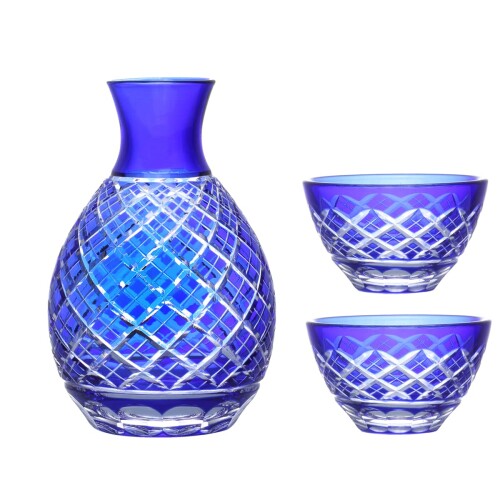 J-kitchens 郷愁 切子 グラス カップ 日本酒 酒器 (徳利 1 盃 2 セット) 菱紋 ブルー Current Model