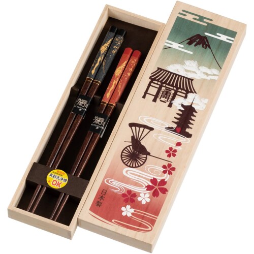 サンライフ 箸 夫婦箸 食洗機対応 2膳 ペア セット 23cm / 21cm 陶彩絵巻 富士 日本の風景 父の日 母の日 敬老の日 ギフト 木箱入り 青 / 赤 日本製 S-03669