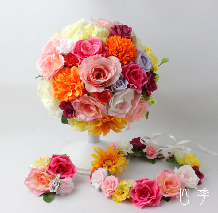ブーケ 造花 ラウンドブーケ 3点セット 花冠 ハッピーミックス オレンジ 結婚式 海外挙式 前撮り【送料無料】B_0141_01｜Mrs.四季