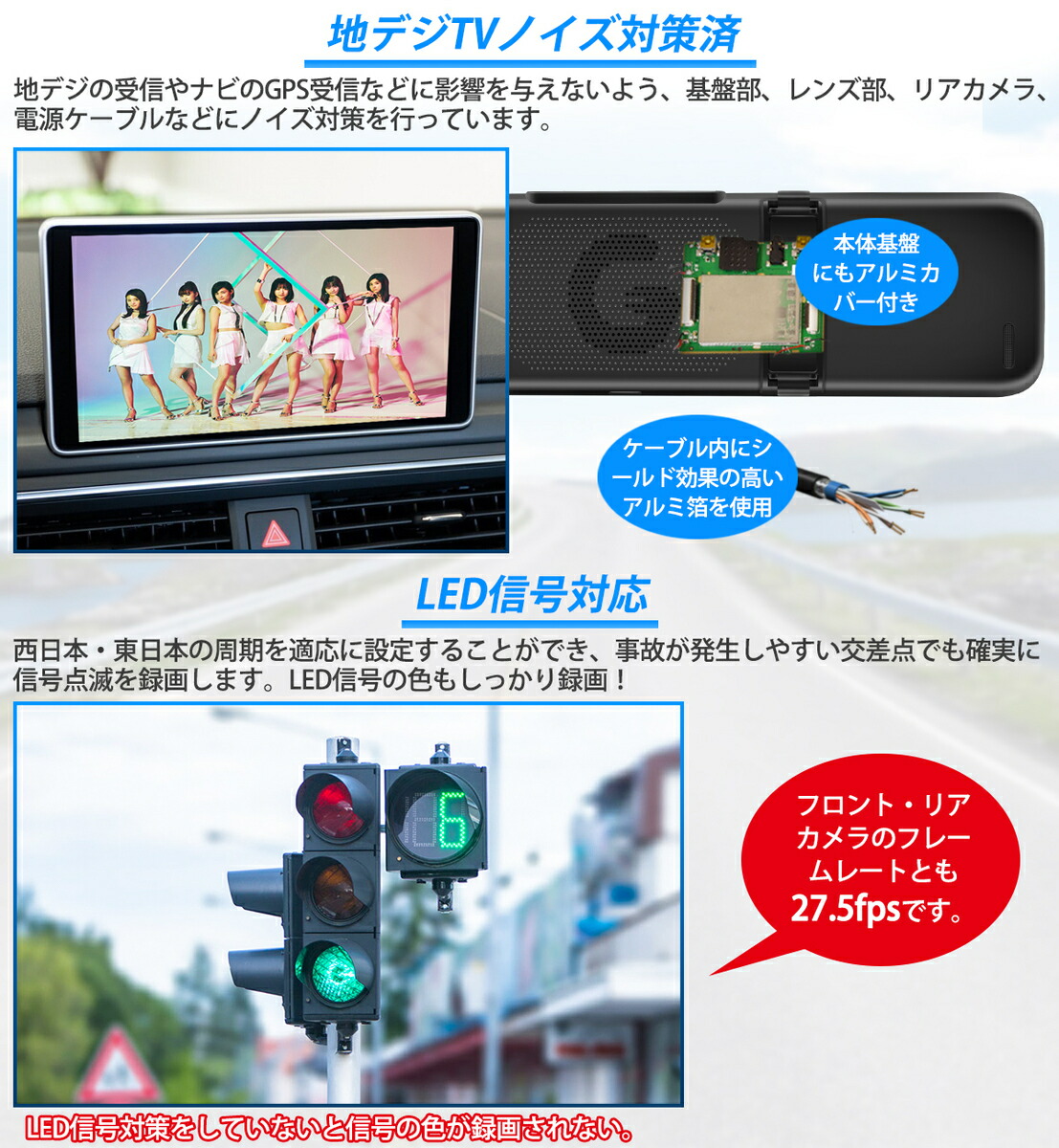 12インチ ドライブレコーダー 前後2カメラ ミラー 12fx2cam フロントカメラ独立型 前後カメラ ドラレコ Sony Imx307センサー アクセサリー カスタムパーツ デジタルインナーミラー Led信号機 地デジtvノイズ対策済 同時録画 Starvis Hdr 信頼 機能搭載駐車監視 Wdr