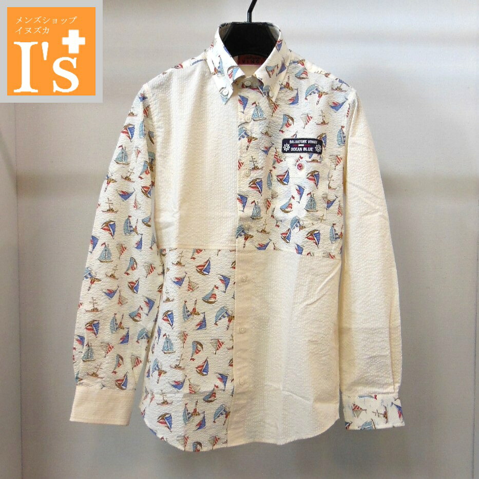 50%OFF【春夏 お買い得 OUTLET SALE】VINCI(ヴィンチ)アシンメトリー×袖・フロント マリン デザイン 長袖 ボタンダウン 綿100% サッカー生地 シャツ 淡いクリーム系 【46(M)】 アンジェロ ヴィンチ服 アウトレット セール ブランド ゴルフ 服|メンズ ショップ イヌズカ