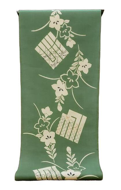 ::::: 言い慣わし的芸術品「日本の首都本染注染」ゆかた :::::横に節糸 縦に茶系先染糸を交えた変わり織り  目が癒される青赤いこと 和柄を刻んだ源氏香と桔梗柄（布切れ）◇  お仕立てもの（国内手縫い）◇￥11,000（税別）で承ります。