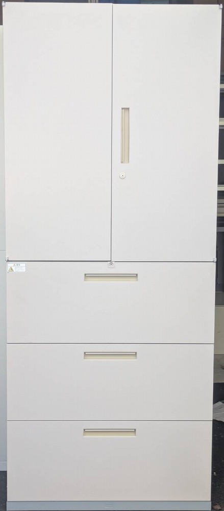 【中古】 イナバ 両開き書庫＋ラテラルキャビネット 　グレー色 上下組 それぞれ鍵２本付き｜オフィス家具専門店モリタスチール 23,100円