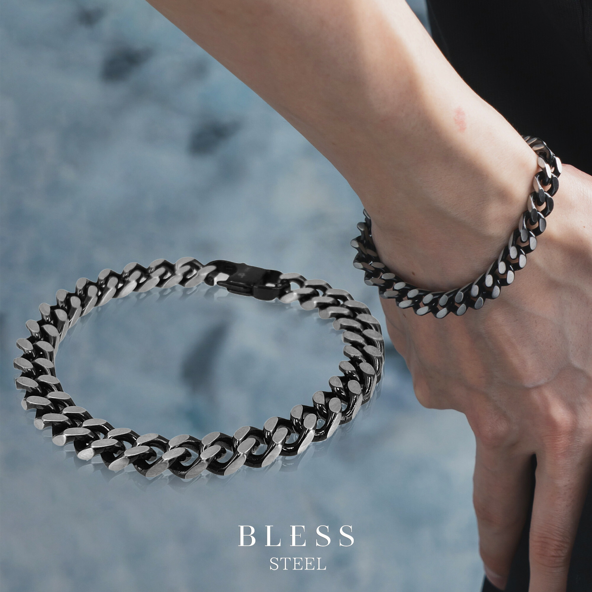 ブラックチェーンブレスレット(L)【ステンレス鋼 腕輪 メンズ BLESS ブレス 黒いこと色つや】