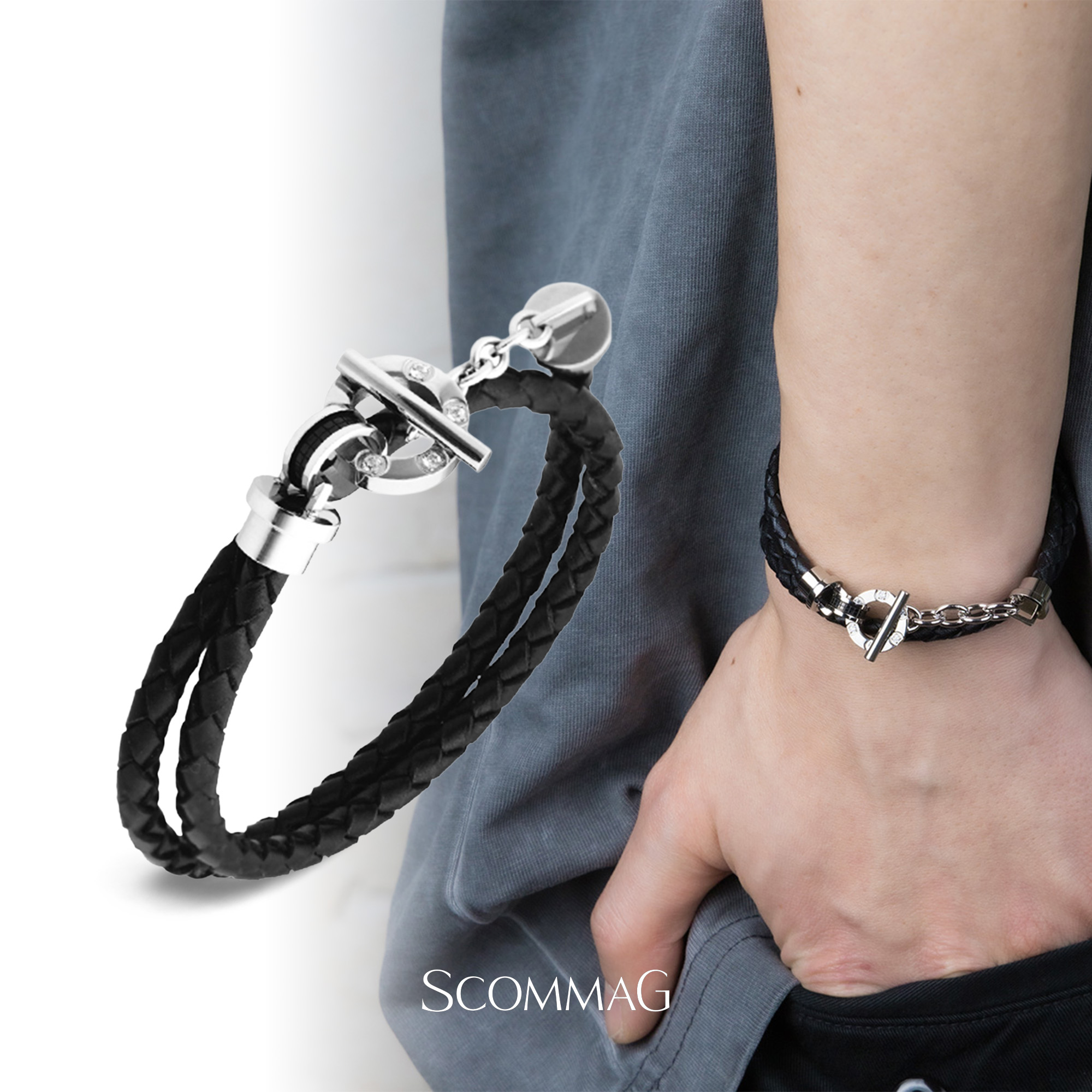 ダブルレザーブレスレット(L)【ステンレス鋼 腕輪 メンズ SCOMMAG エスカマジー】