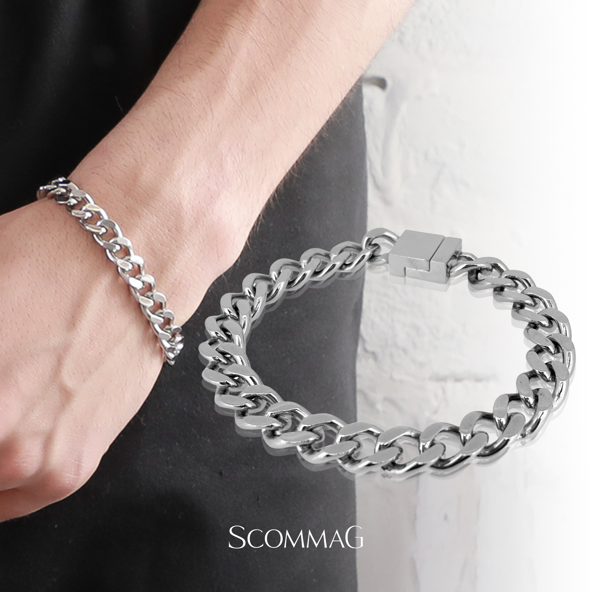 スムースカーブチェーンブレスレット(L)【ステンレス鋼 腕輪 メンズ SCOMMAG エスカマジー】