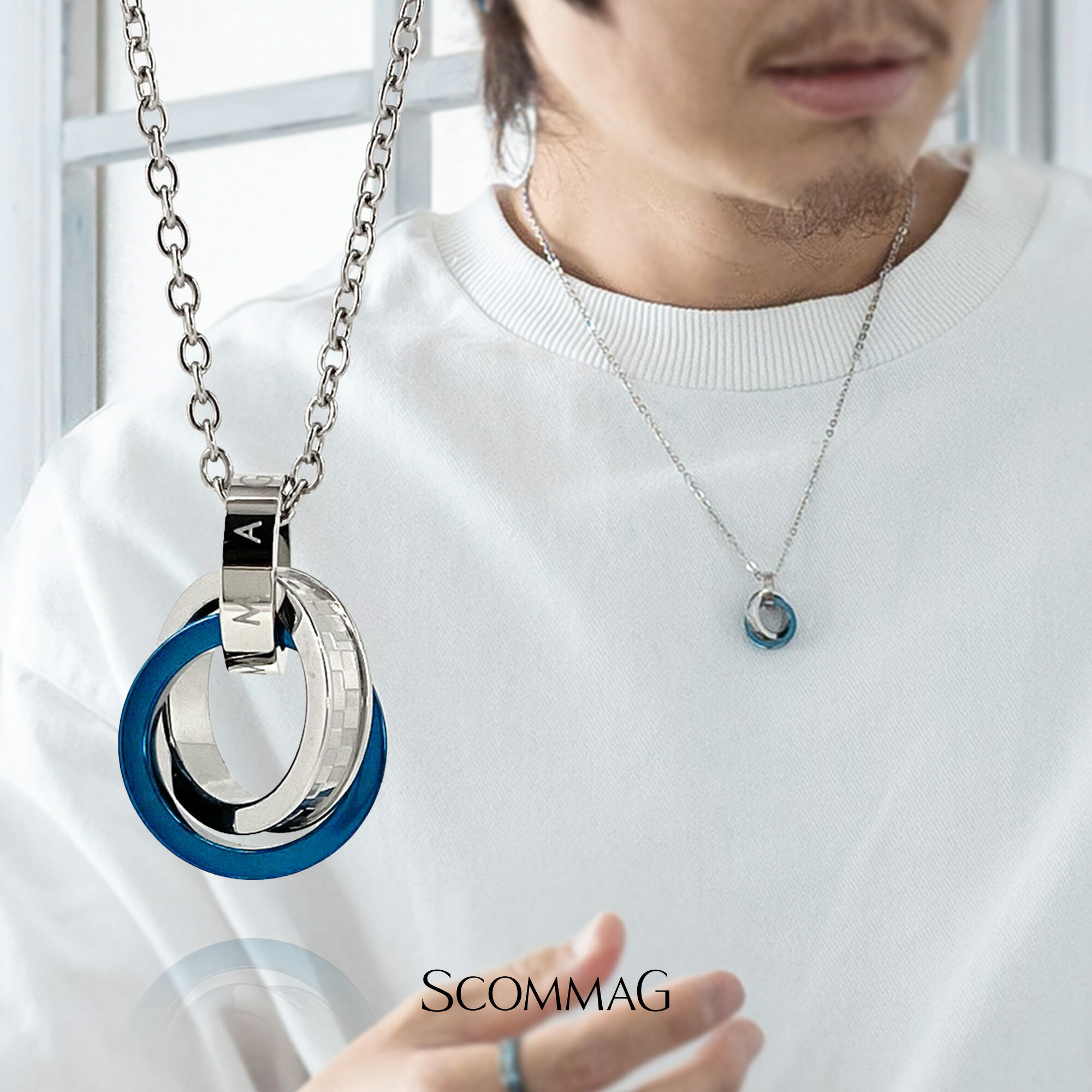 ダブルリングネックレス【ステンレス鋼 首飾り メンズ SCOMMAG エスカマジー ブルーカラー】