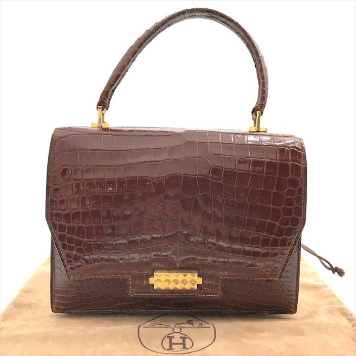 【中古】良品 HERMES エルメス ヴィンテージ クロコダイル ポロサス 御手々 御徒面子 赤銅色 ゴールド k1655