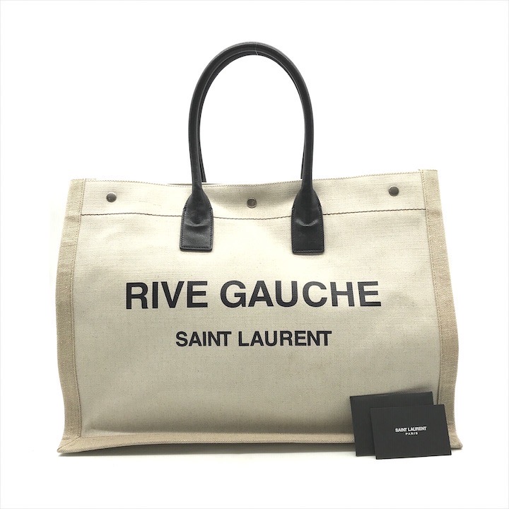 【中古】良品 SAINT LAURENT サンローラン リヴ・ゴーシュ キャンバス レザー トート バッグ ベージュ レディース 大容量 旅行 k469