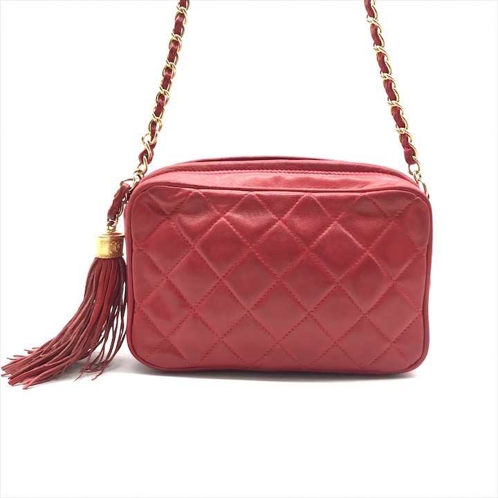 【中古】良品 CHANEL シャネル ココマーク フリンジ チェーン ショルダー バッグ レッド レディース ブランド 鞄 k3799