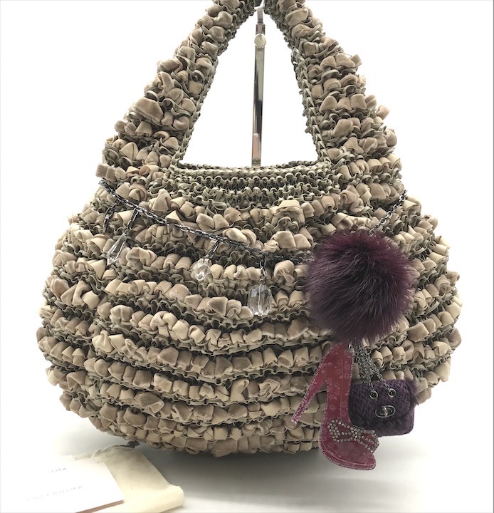 【中古】良品 ANTEPRIMA アンテプリマ 天鵞絨 シュロの葉 鉄条 惹き付ける付き添い人 御手手 御徒面子 薄墨色系 k4405