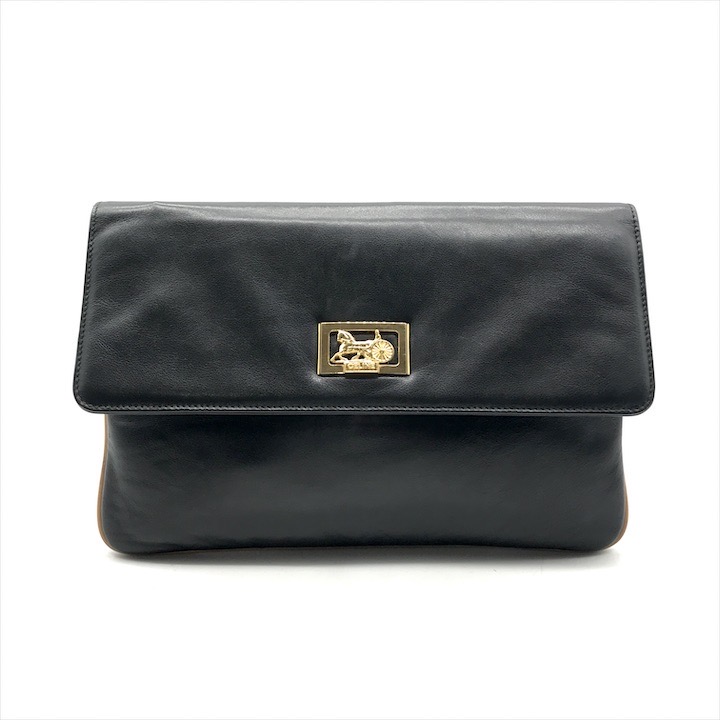 【中古】良品 CELINE セリーヌ 馬車金具 ヴィンテージ レザー セカンド クラッチ バッグ ブラック レディース a6711