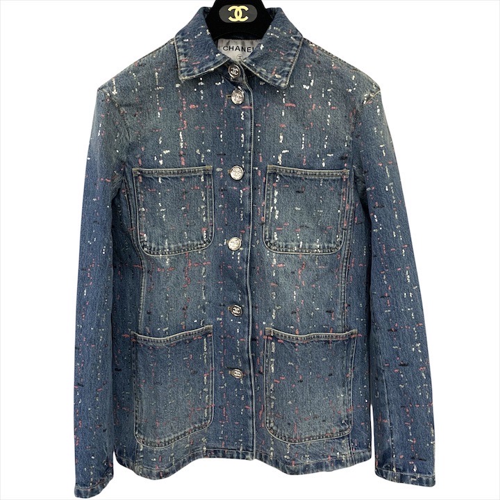 【中古】美品 CHANEL シャネル ココボタン スパンコール ジーンズ 上衣 アウター 38大いさ 23A 青色 h149 コート・ジャケット-レディースファッション