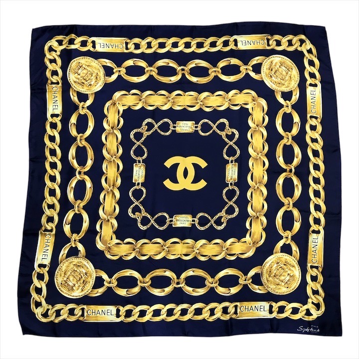 楽天市場】極美品 CHANEL シャネル スカーフ ココマーク チェーン柄 黒