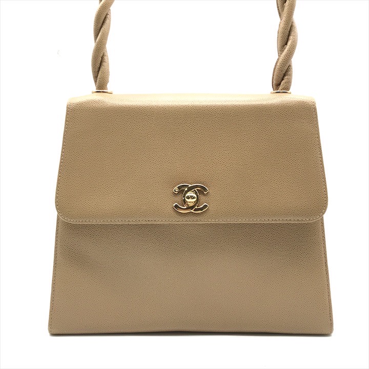 【中古】良品 CHANEL シャネル ココマーク キャビア人はだ 折りかえし鍵を掛ける 捻じれ 手持ち部分 肩先 御徒面子 ベージュ レディース h420