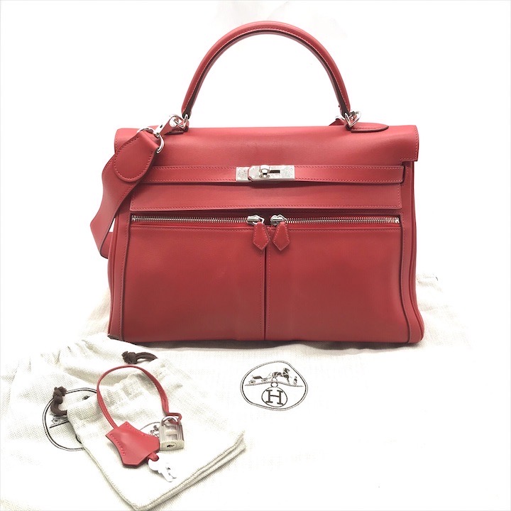 【中古】良品 HERME エルメス ケリーラキ 35 シルバー金具 レッド レザー シカクQ刻印 2WAY ショルダー ハンド バッグ レディース k4558