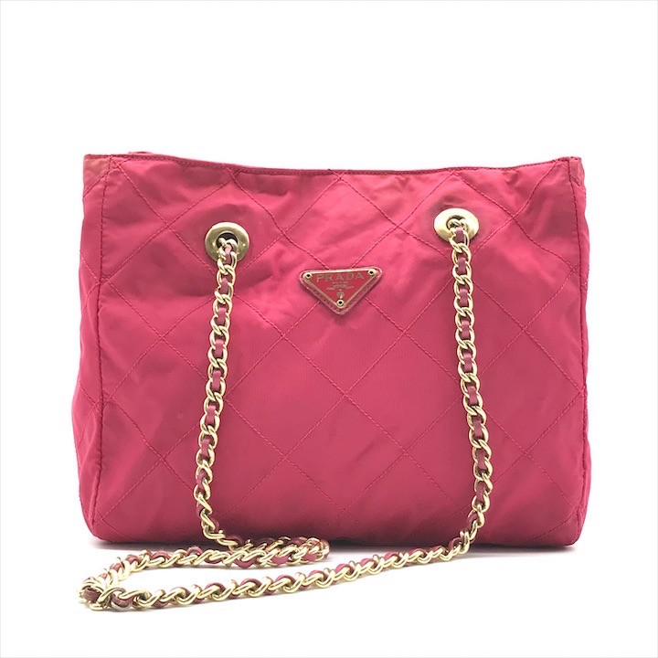 【中古】PRADA プラダ 三角ロゴ プレート テスート ナイロン キルティング チェーン トート バッグ ピンク k5026|BEGINSELL