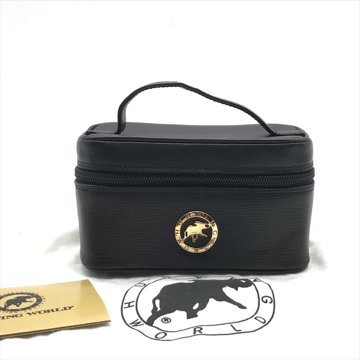 【中古】良品 HUNTING WORLD ハンティングワールド ミニ ハンド バッグ バニティ メイク ポーチ レザー ブラック k5117