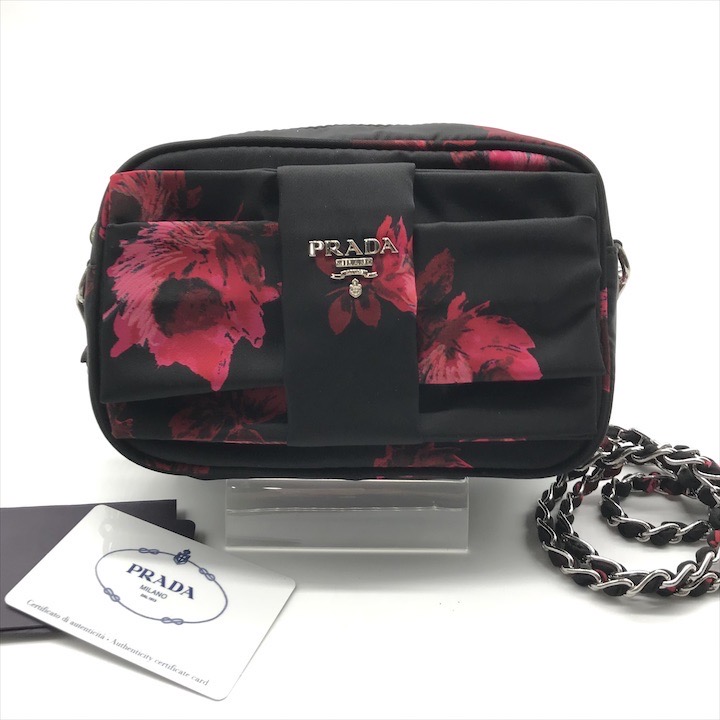 【中古】美品 PRADA プラダ ナイロン テスート ロゴ金具 フラワー 花柄 ミニ チェーン ショルダー ポーチ バッグ ブラック a8010