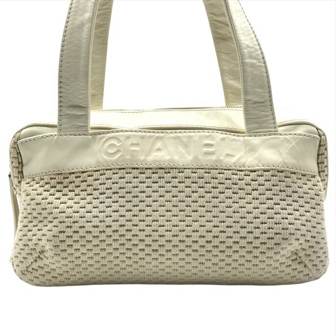 【中古】良品 CHANEL シャネル ラムスキン レザー コットン ニット ハンド バッグ アイボリー レディース 鞄 かばん 肩掛け db11