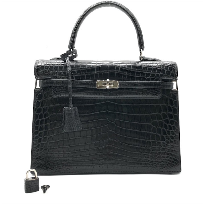 【中古】美品 MORABITO モラビト スカラ28 クロコ ケリー型 お手て 御徒面子 袋 鞄 黒いこと カデナ 鍵付き添い人 k5434