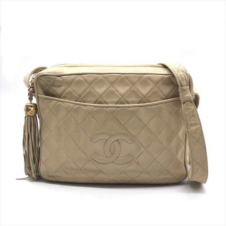 【中古】CHANEL シャネル ココマーク マトラッセ ラムスキン フリンジ ショルダー バッグ ベージュ レディース ブランド 鞄 カバン db12