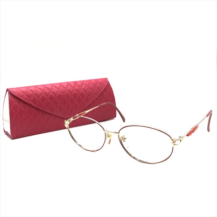 【中古】超美品 HANAE MORI ハナエモリ 森英恵 メガネフレーム アイウェア 眼鏡 女性 ブランド 55□16 135 ピンク ゴールド ケース付 c05