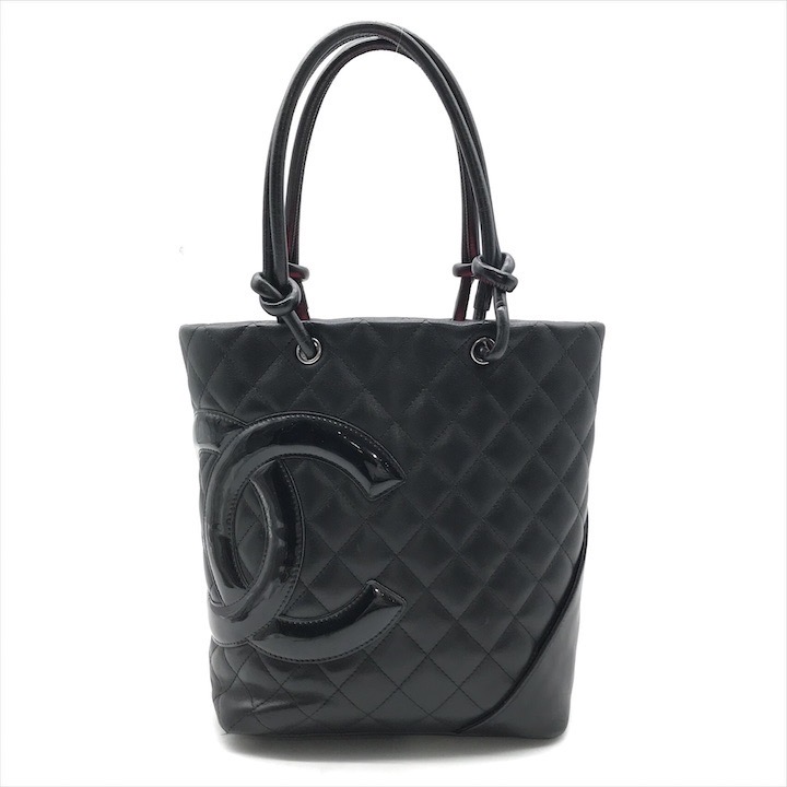 【中古】美品 CHANEL シャネル ココマーク カンボン レザー パテント レディース ファッション ミニ ハンド トート バッグ 鞄 ブラック 黒 k5455