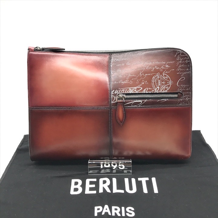 【中古】美品 Berluti ベルルッティ ニノ GM スクリット ダイアログボックス なめし革 合切袋 クラッチペダル 二番目 御徒面子 赤銅色 メンズ a9423