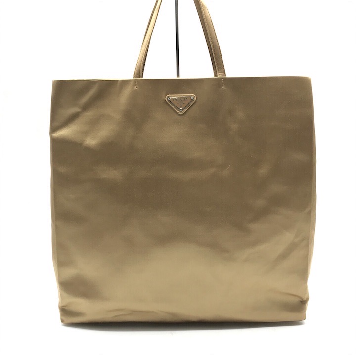 【中古】美品 PRADA プラダ シルク サテン 三角ロゴ プレート ファッション レディース ユニセックス トート バッグ 鞄 かばん ベージュ k5830