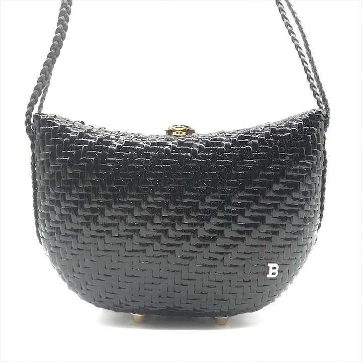【中古】美品 BALLY バリー ストロー エナメル 編み込み レザー 斜め掛け ショルダー バッグ ブラック かばん 鞄 カバン k5934