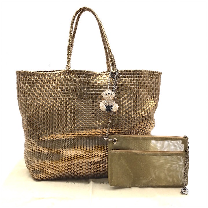 【中古】良品 ANTEPRIMA アンテプリマ ビーズベア チャーム付き ワイヤー トート バッグ レディース ブランド 鞄 Bag ゴールド a10030