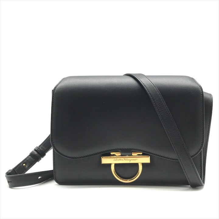 【中古】美品 Ferragamo フェラガモ ガンチーニ ジョアン ゴールド 金具 レザー ショルダー バッグ ブラック ブランド カバン 鞄 Bag a10298 49,168円