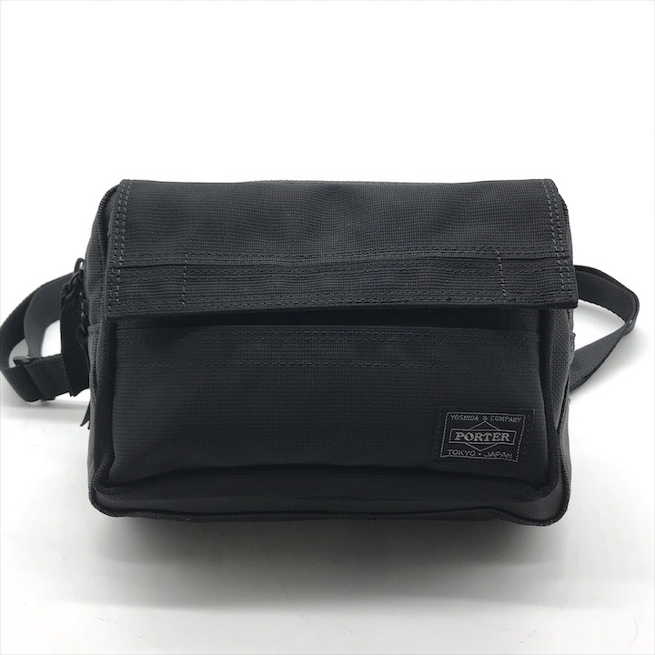 【中古】美品 PORTER ポーター ロゴ キャンバス ミニ ショルダー ボディ バッグ ブラック ブランド 鞄 Bag メンズ k6514