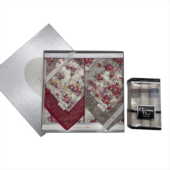 【中古】未使用保管品 Christian Dior ディオール フラワー 綿 コットン ハンカチーフ 5枚 セット メンズ　レディース ブランド 小物 ギフト c187