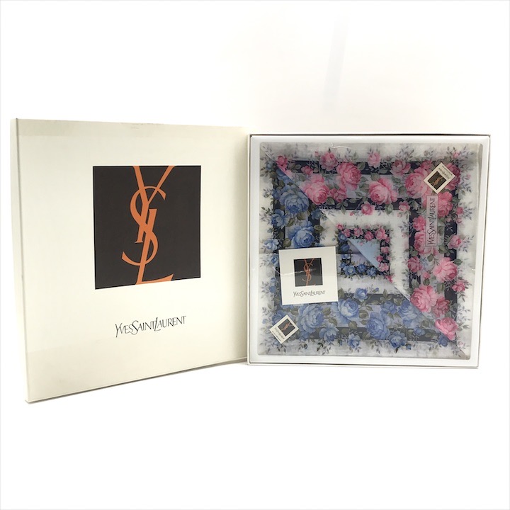 【中古】新品未使用 YSL イヴサンローラン ハンカチ 大判 2枚 セット レディース ギフト プレゼント 綿 100％ 花柄 フラワー ピンク ブルー m15273