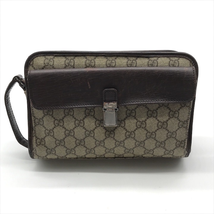 【中古】GUCCI グッチ GGスプリーム PVC なめし革 クラッチペダル 2塁手 御徒面子 メンズ 流行り物小物 ヴィンテージ 鞄 かばん 赤銅色 r383