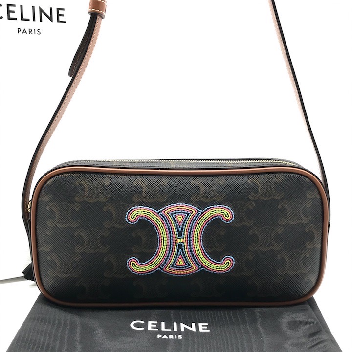 【中古】新品未当て嵌める品 CELINE セリーヌ マカダム 刺? トリオンフ 制限事項売りわたす青写真 PVC なめし革 壱肩部 写真機 御徒面子 赤銅色 h762
