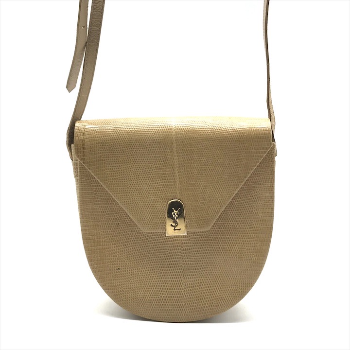 【中古】Yves Saint Laurent イヴサンローラン YSL ロゴ ショルダー バッグ 斜め掛け リザード レザー ベージュ レディース ブランド 鞄 h765|BEGINSELL