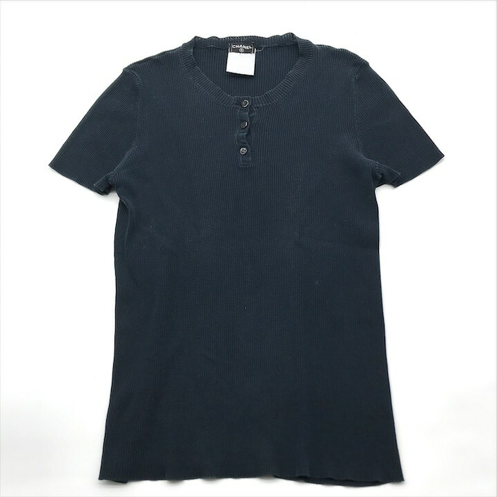 【中古】CHANEL シャネル ココマークボタン リブニット 半袖 カットソー レディース ファッション トップス ネイビー系 h779