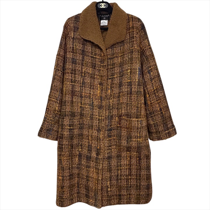 【中古】美品 CHANEL シャネル テディ ボア 襟 ミックスツイード ココマークボタン 38サイズ レディース ブランド アウター コート ブラウン h781