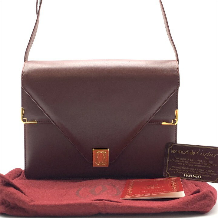 【中古】良品 Cartier カルティエ マストライン ヴィンテージ レザー ショルダー バッグ 斜め掛け ボルドー レディース ブランド かばん k7153|BEGINSELL