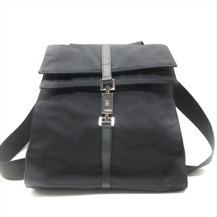 【中古】美品 GUCCI グッチ ナイロン キャンバス レザー ジャッキー シルバー金具 リュック レディース ファッション 鞄 かばん ブラック r745